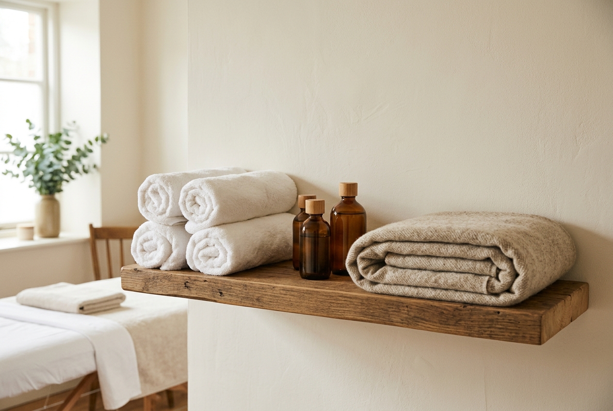 Gerollte Handtuecher und Massageoele auf einem Regal im Behandlungsraum