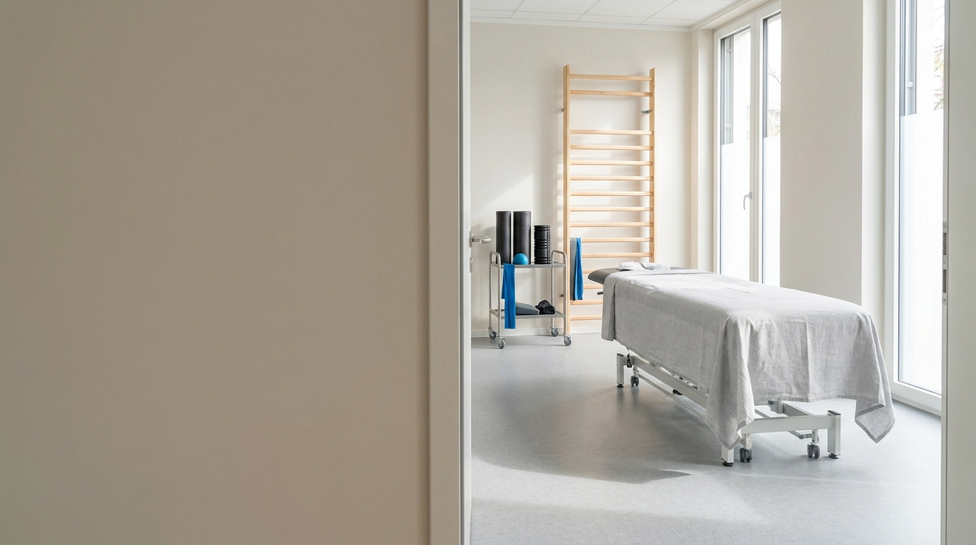 Heller Behandlungsraum einer Physiotherapiepraxis mit Behandlungsliege, Rollwagen mit Therapiebändern und hölzerner Sprossenwand am Fenster