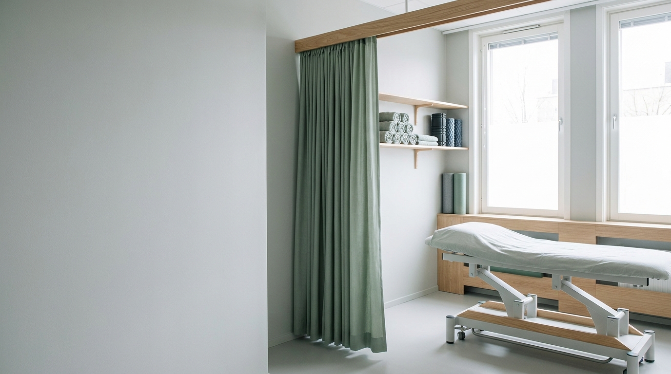 Behandlungskabine mit höhenverstellbarer Liege, Handtuchregal und Tageslicht durch ein großes Fenster