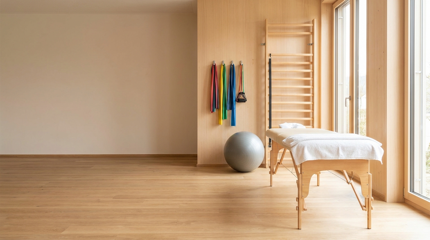 Heller Behandlungsraum mit Therapieliege, Gymnastikball, Therabändern und Sprossenwand bei Tageslicht
