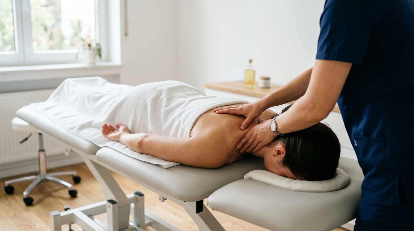 Physiotherapeutin massiert mit beiden Händen die Nacken- und Schultermuskulatur einer auf der Behandlungsliege liegenden Patientin