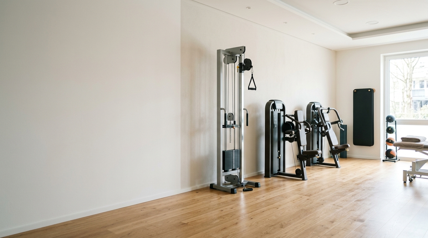 Trainingsraum mit Seilzugapparat und Trainingsgeräten an einer hellen Wand, Tageslicht fällt durch große Fenster