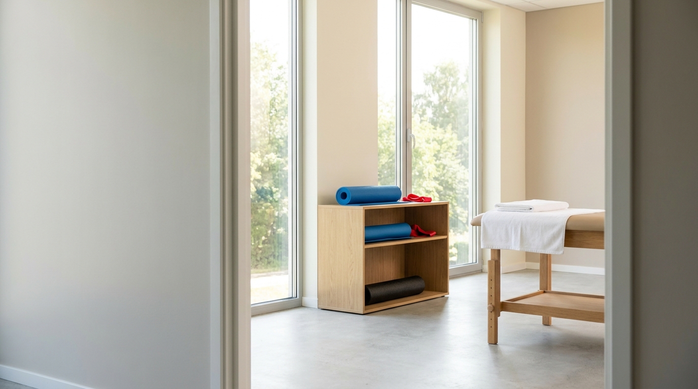 Bright treatment room with a bed, exercise mat, resistance band and foam roller by the window