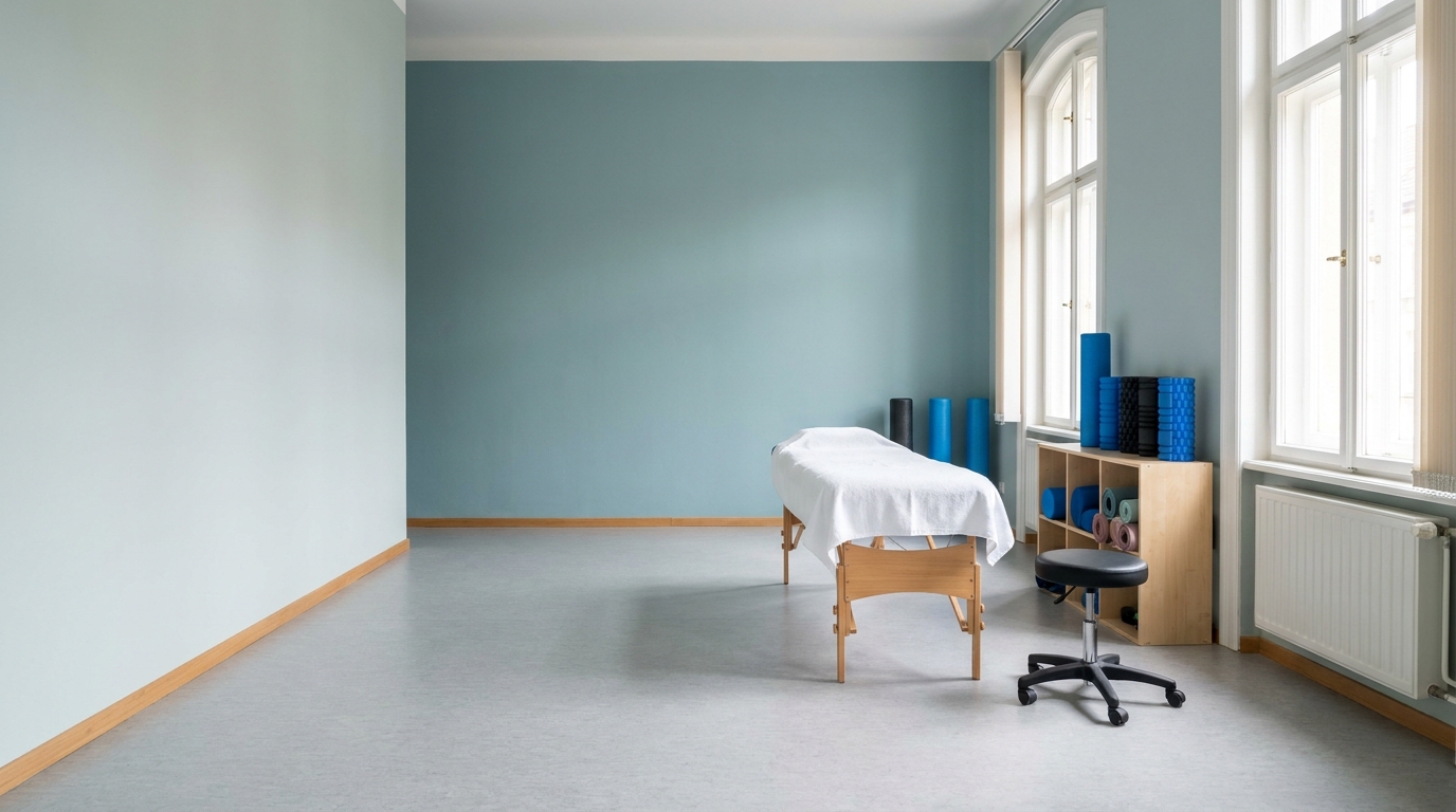 Treatment room in a physiotherapy practice with a treatment table, rolling stool, and exercise equipment in front of tall windows