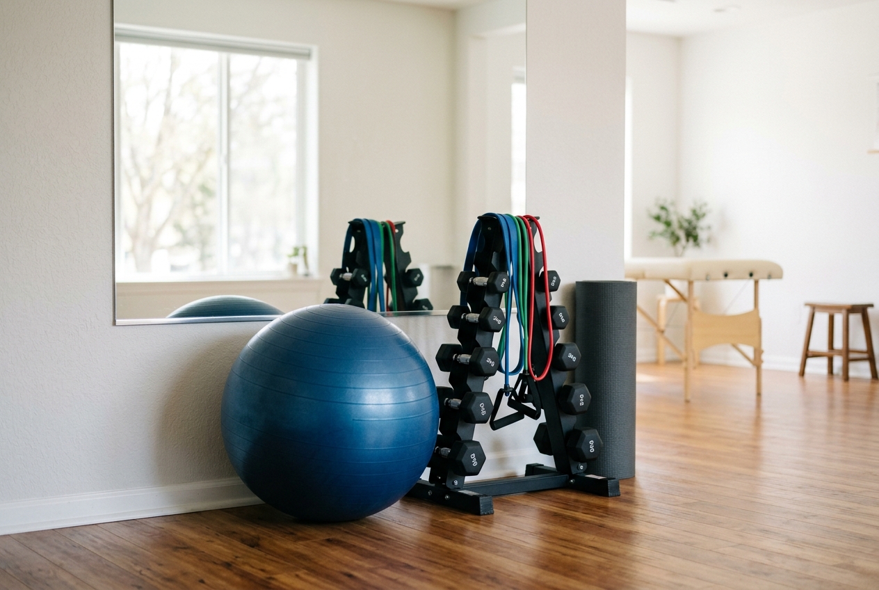 Trainingsbereich mit Gymnastikball, Therabaendern und Hantelstaender