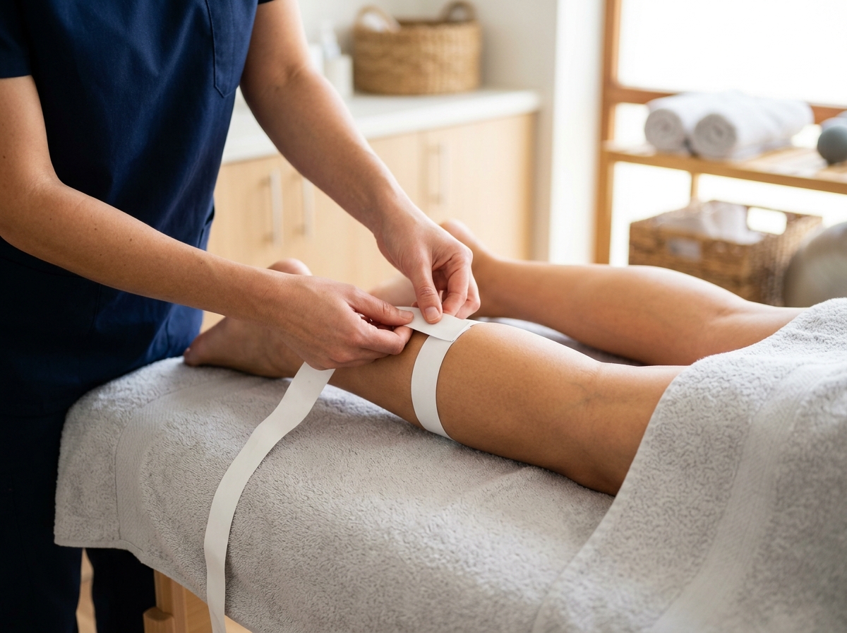 Therapeutenhände legen ein Maßband um die Wade einer auf der Liege liegenden Person, um den Beinumfang zu messen