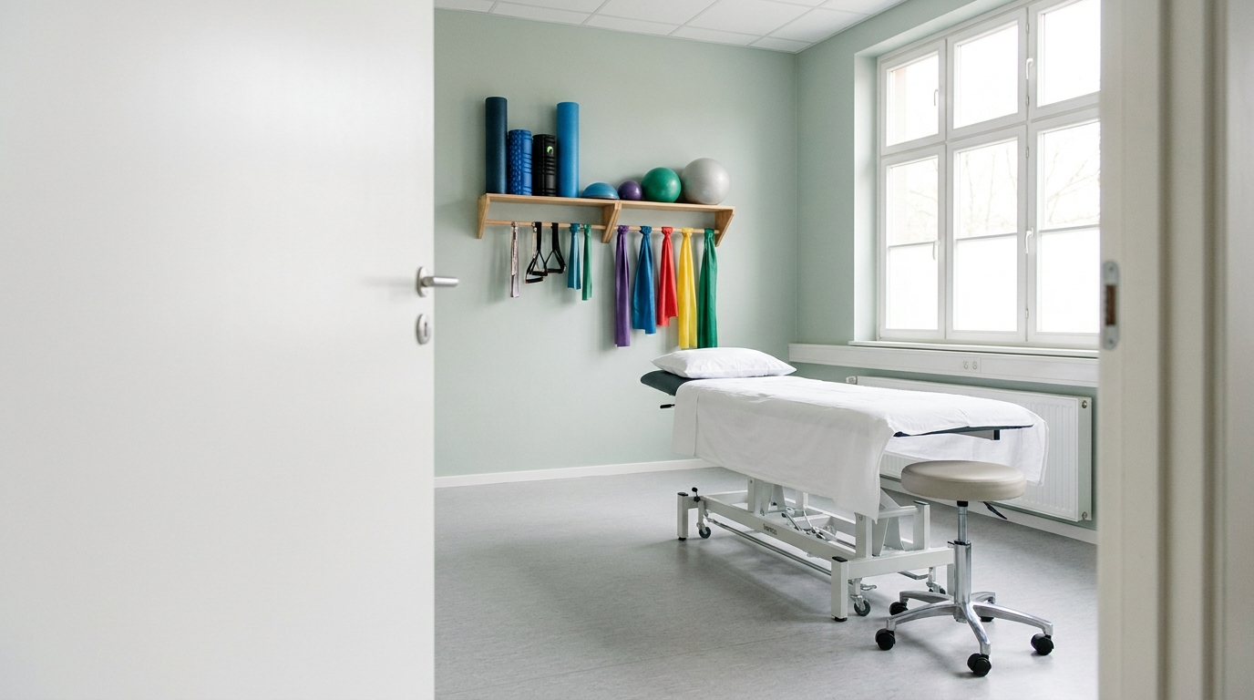 Behandlungsraum mit Liege, Rollhocker und Regal mit Faszienrollen und Gymnastikbällen am Fenster