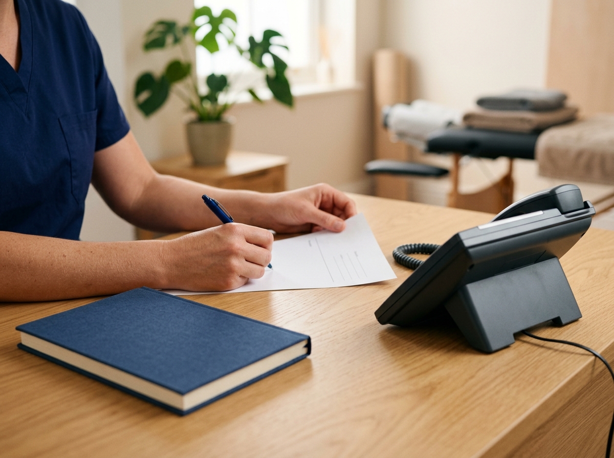 Therapist's hands checking a prescription sheet with a pen at a desk, with a phone beside it