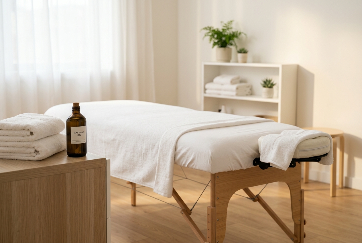 Massagetisch mit Handtuechern und Massageoel