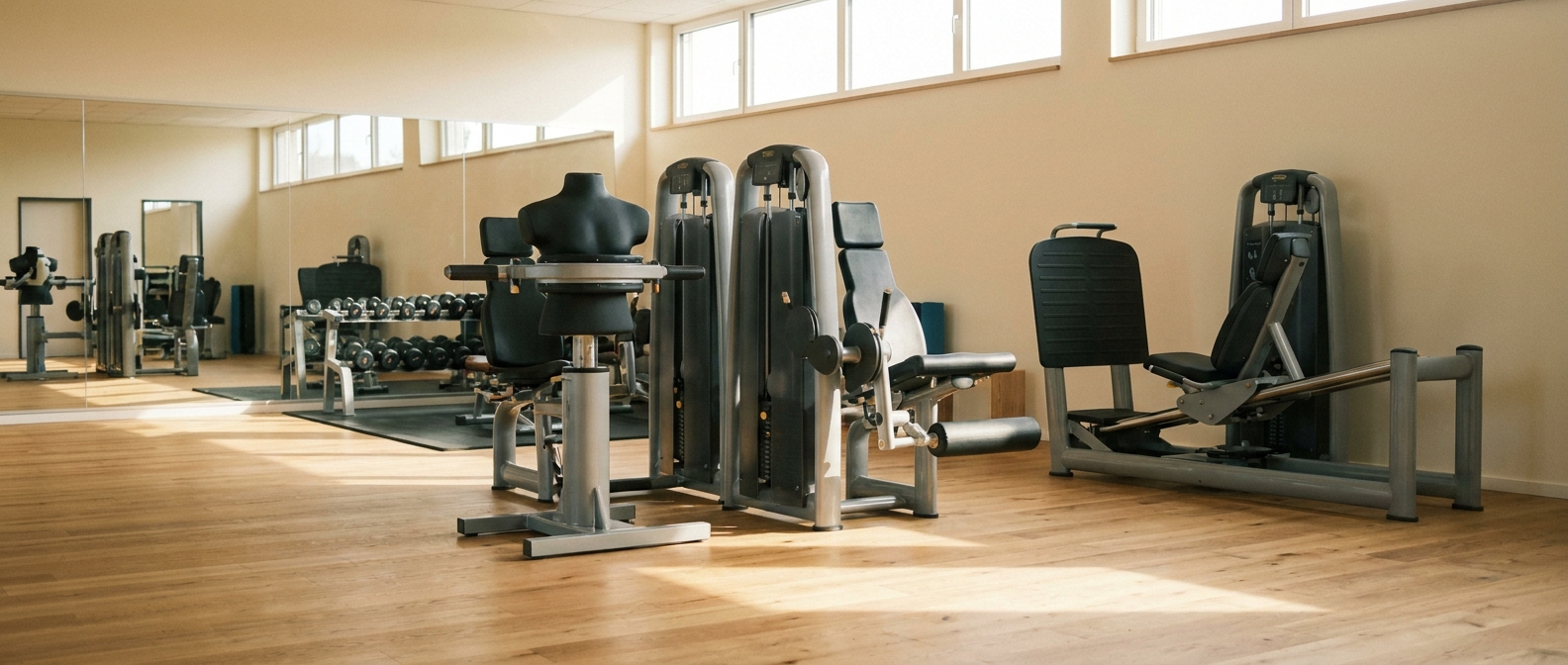 Trainingsbereich mit medizinischen Trainingsgeräten, Beinpresse und Hantelrack in einer Physiotherapiepraxis