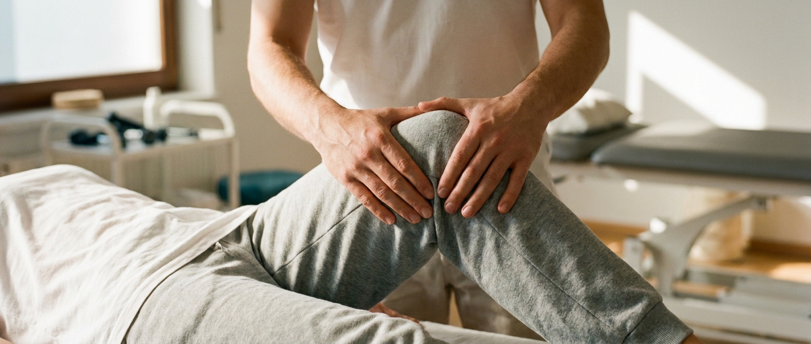 Therapist's hands guiding the knee of a person lying on the treatment table