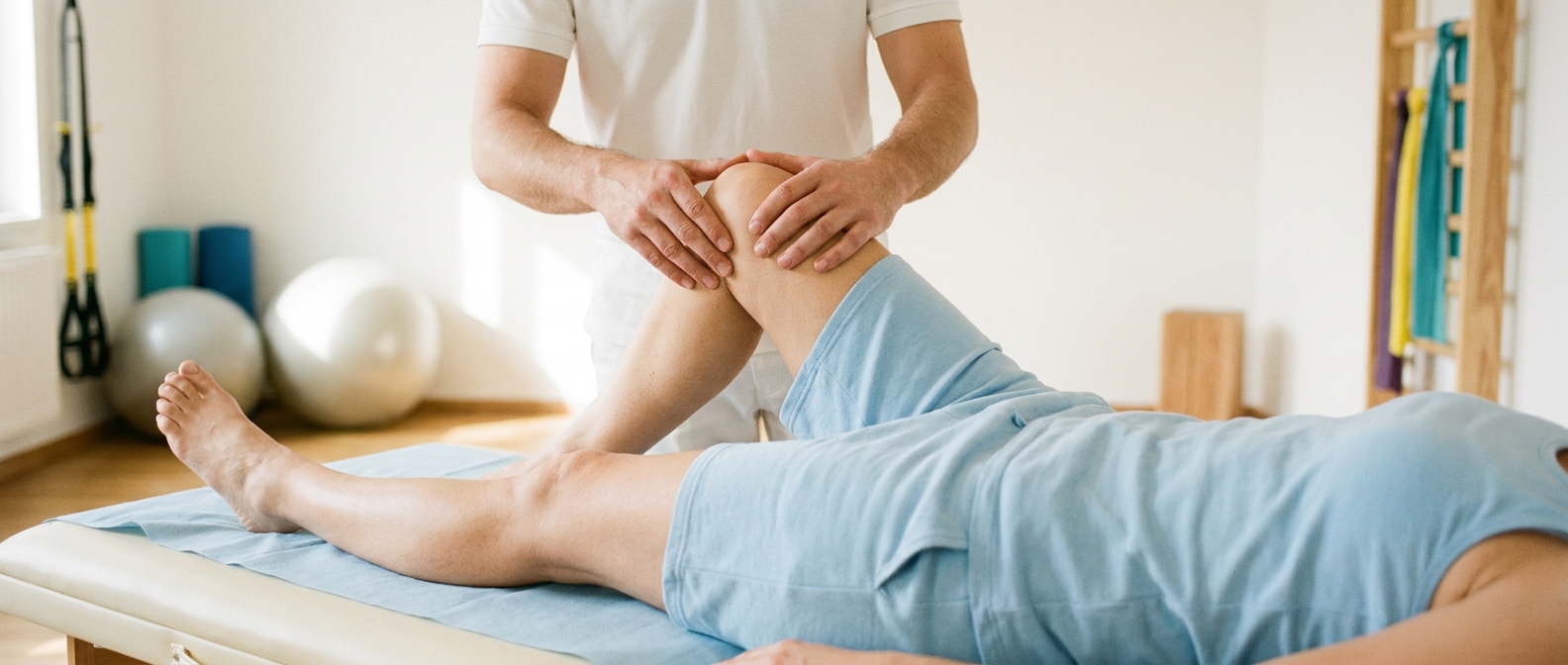 Hände einer Therapeutin führen das angewinkelte Knie einer auf der Behandlungsliege liegenden Person