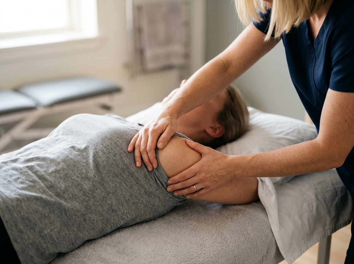 Physiotherapeutin mobilisiert mit beiden Händen die Schulter einer auf der Behandlungsliege liegenden Patientin